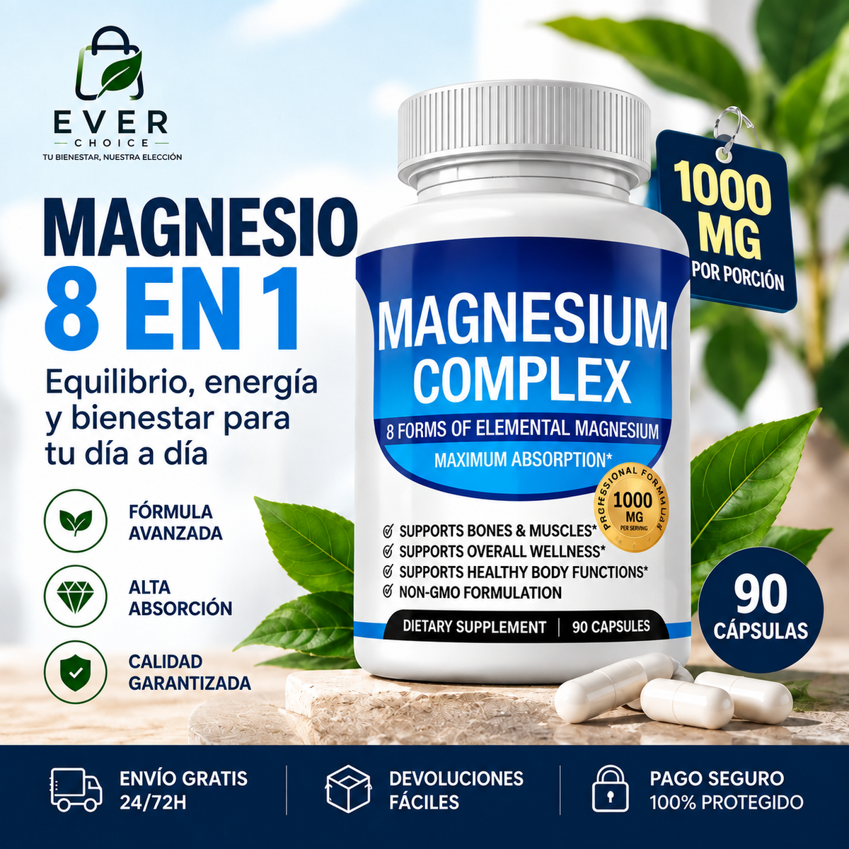 Suplementos de Magnesio 90 capsulas 1000mg